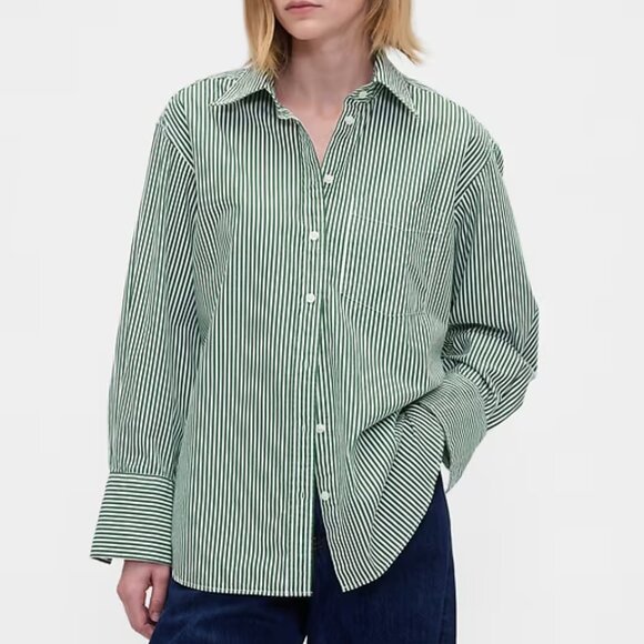 Gap Cotton Poplin Big Shirt in Green Stripe (size Petite XS) - NEW with tags - Picture 1 of 4